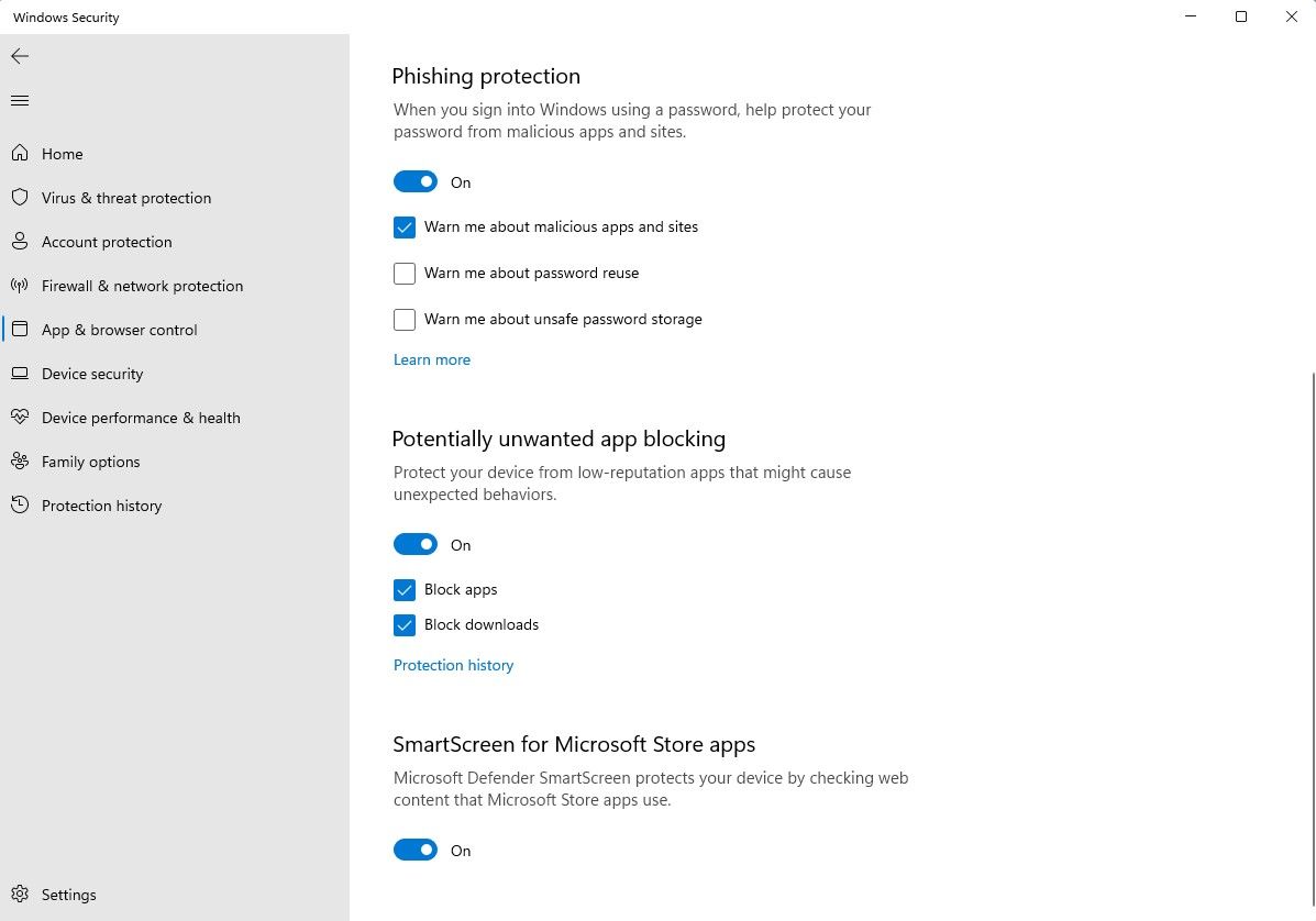 Image of Windows Phishing Protection Setting