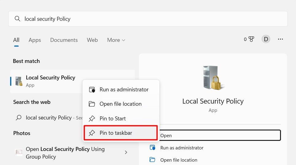 Pin Local Security Policy to the Taskbar