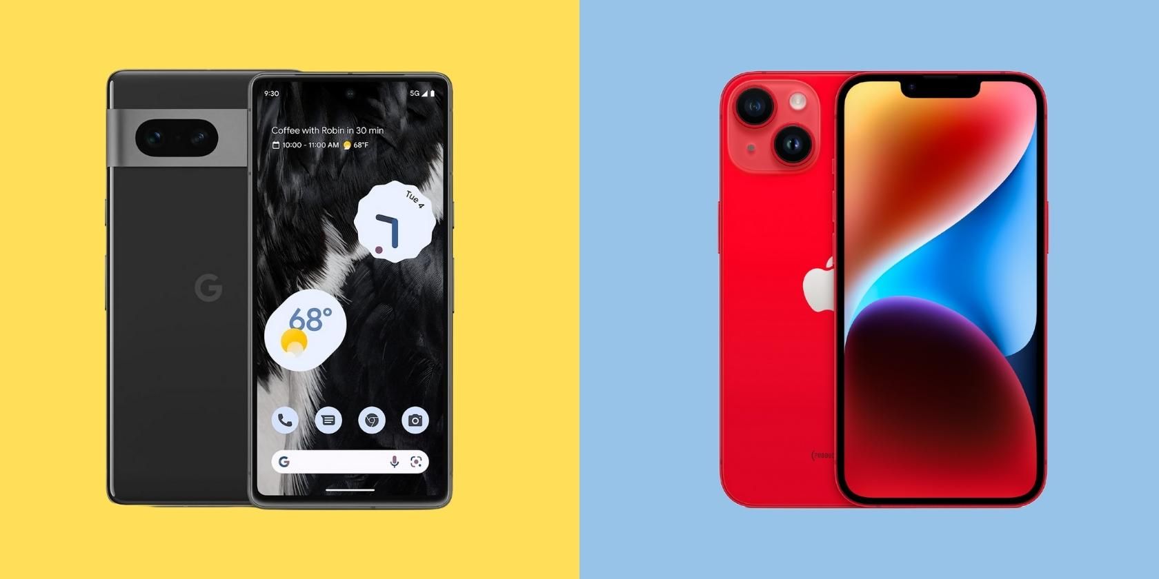 Google Pixel 7 and Apple iPhone 14 devices side-by-side