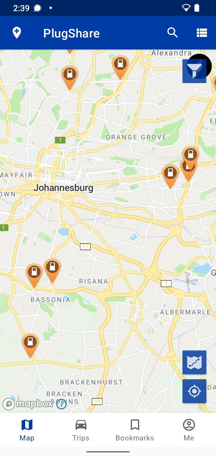 Map of charging stations in PlugShare app on Android