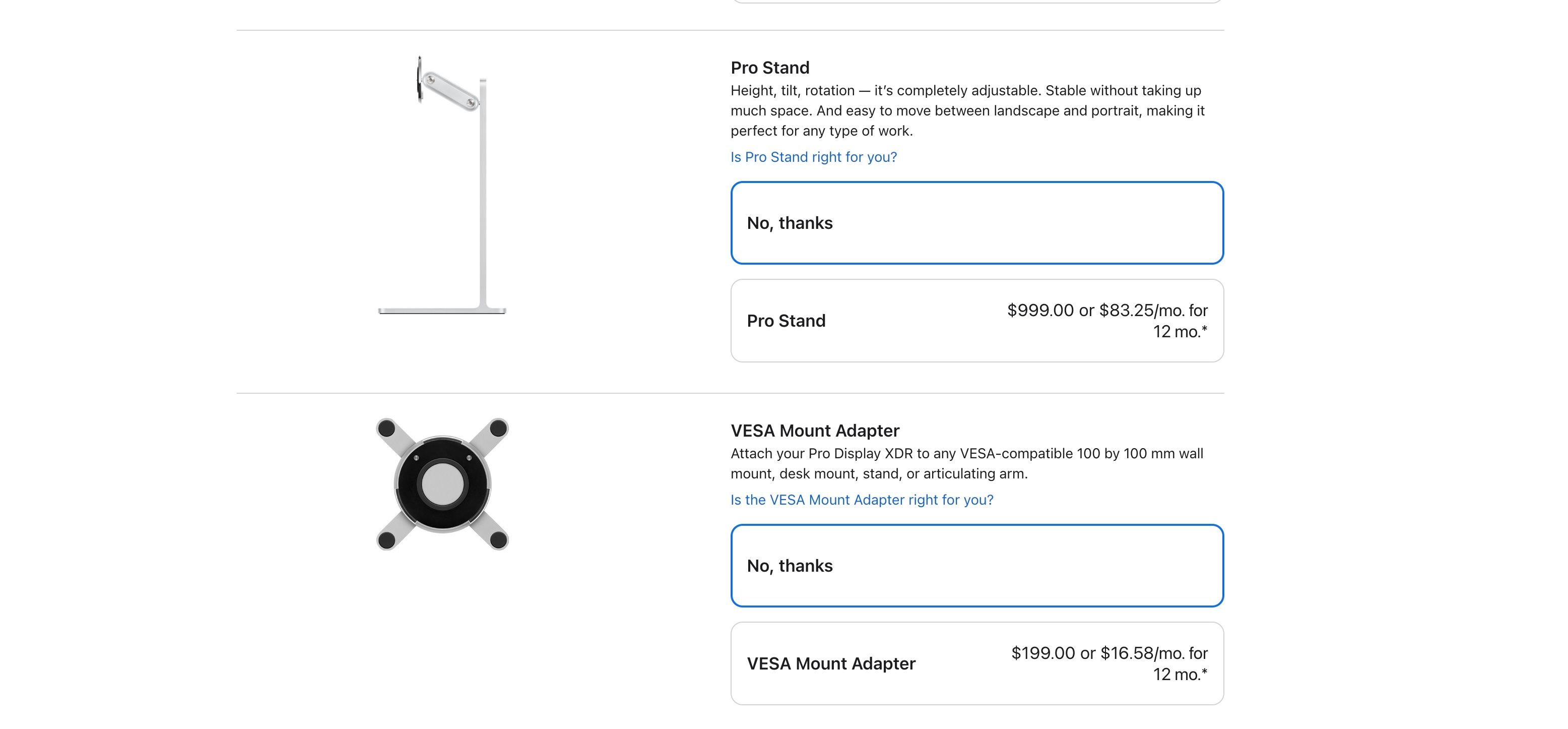Pro Stand and VESA Adapter Prices on Apple's website