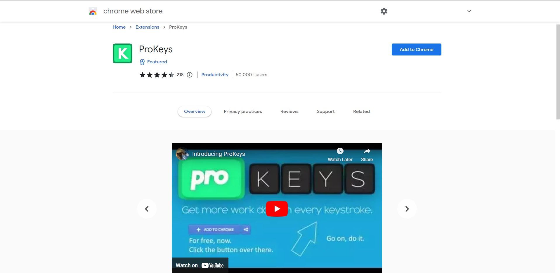 ProKeys extension page in Chrome web store