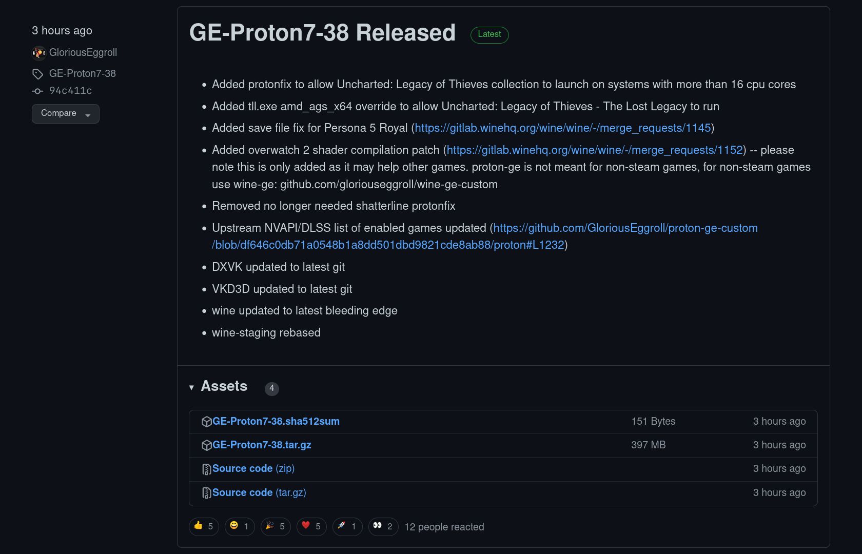 GitHub page of Proton GE 7-38 release