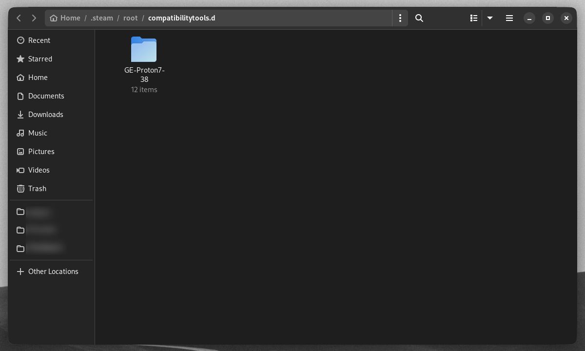 GNOME Files window showing Proton GE release folder in Steam directory