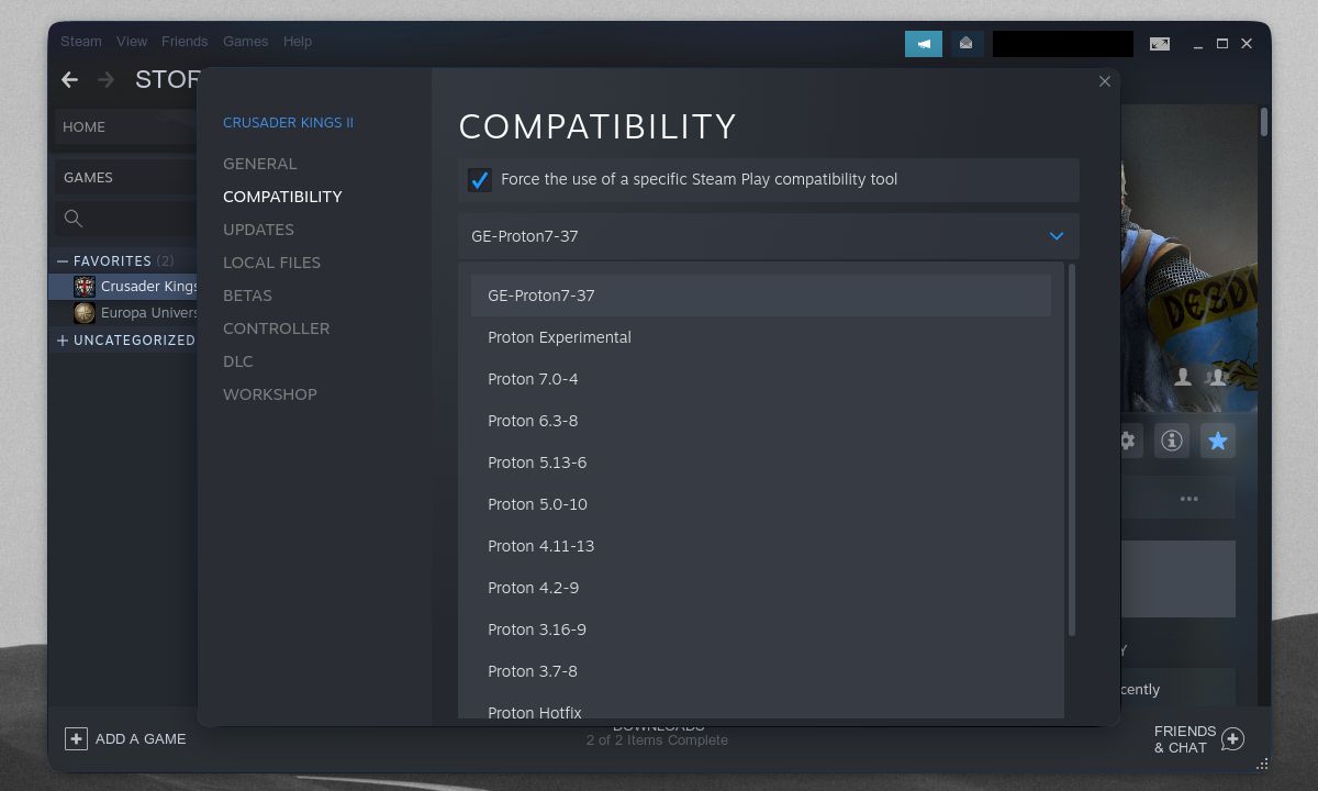 Compatibility tab showing ProtonGE on Steam game settings window and Steam library window