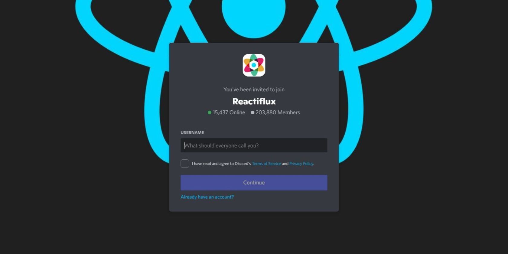 A screenshot of Reactiflux's invite page