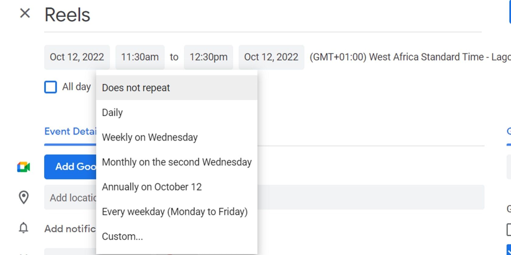Screenshot showing how to set up recurring schedule