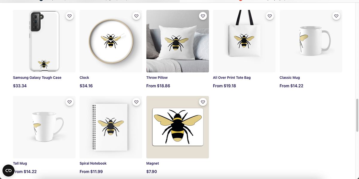 Screenshot of RedBubble products with Bee design.