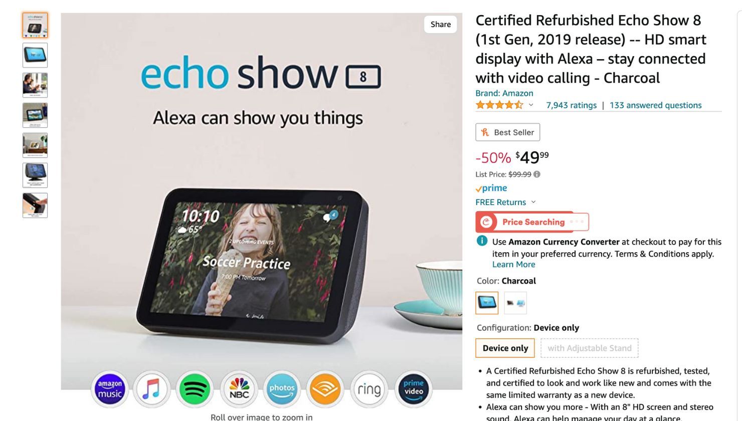 Refurbished Echo Show 8 on Amazon website