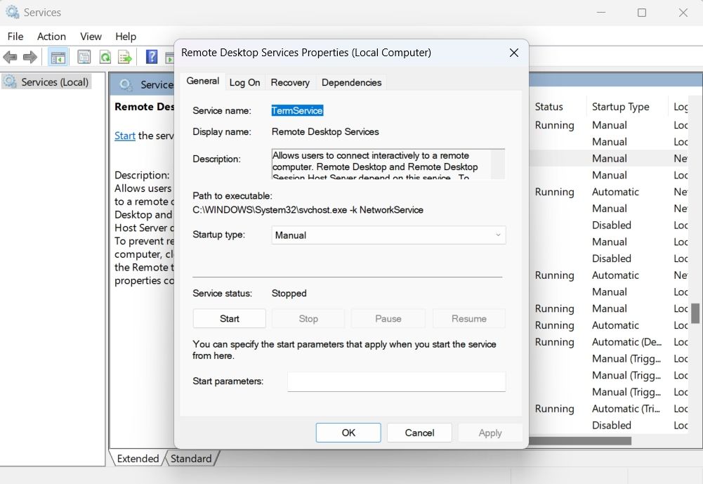 Start Remote Desktop Services option in Services window