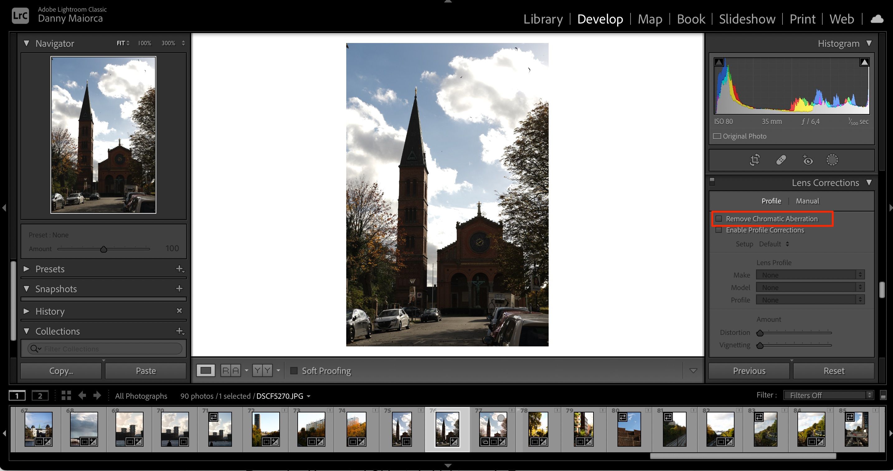 screenshot showing the tick box for removing chromatic aberration in adobe lightroom