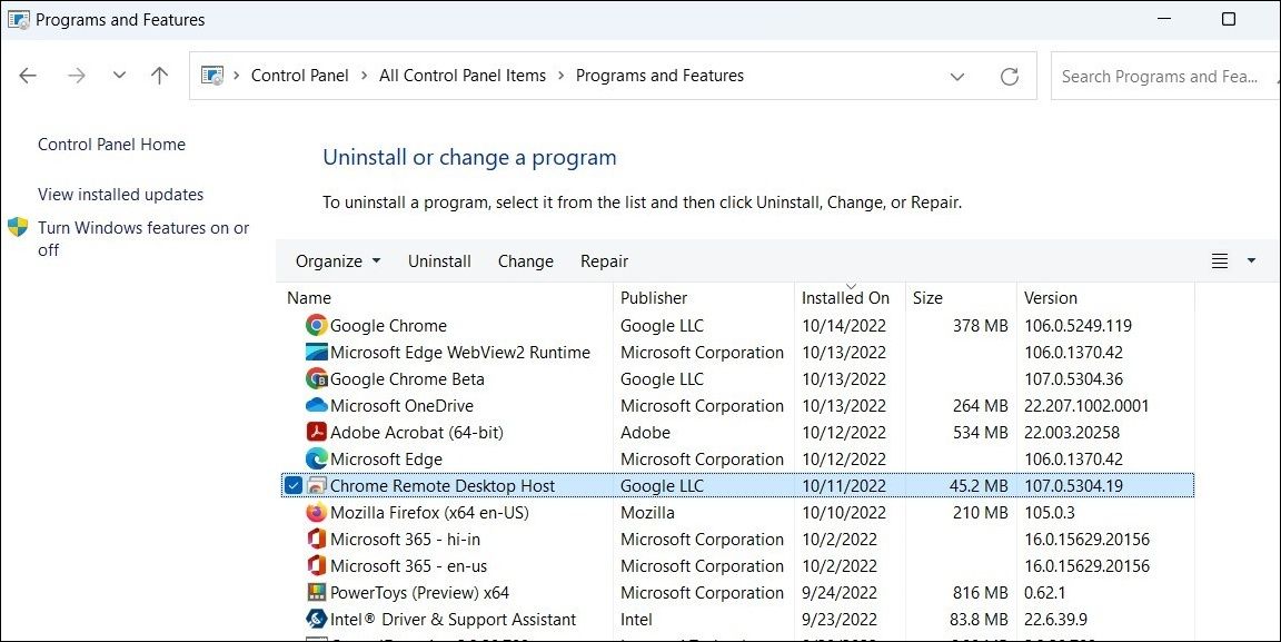 Repair Program Using Control Panel on Windows