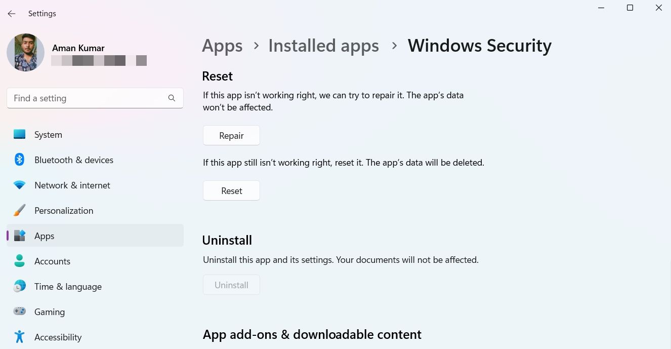 Reset Windows Security in the Settings menu
