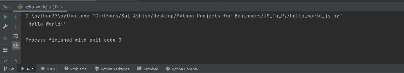 Running a Hello World program from JS to PY