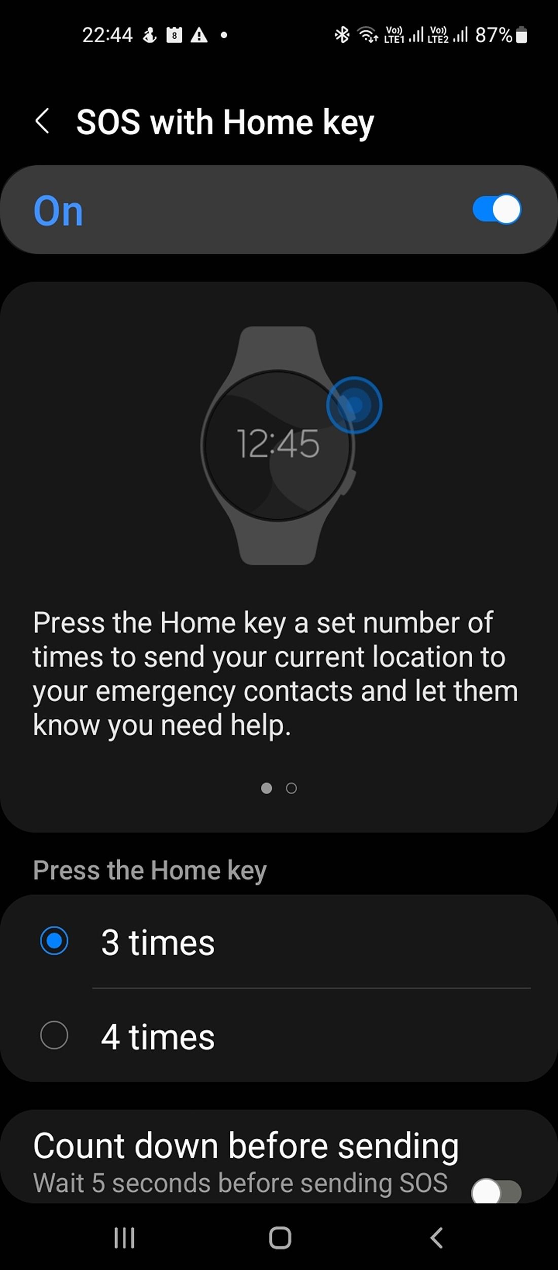SOS settings in Samsung smartwatch