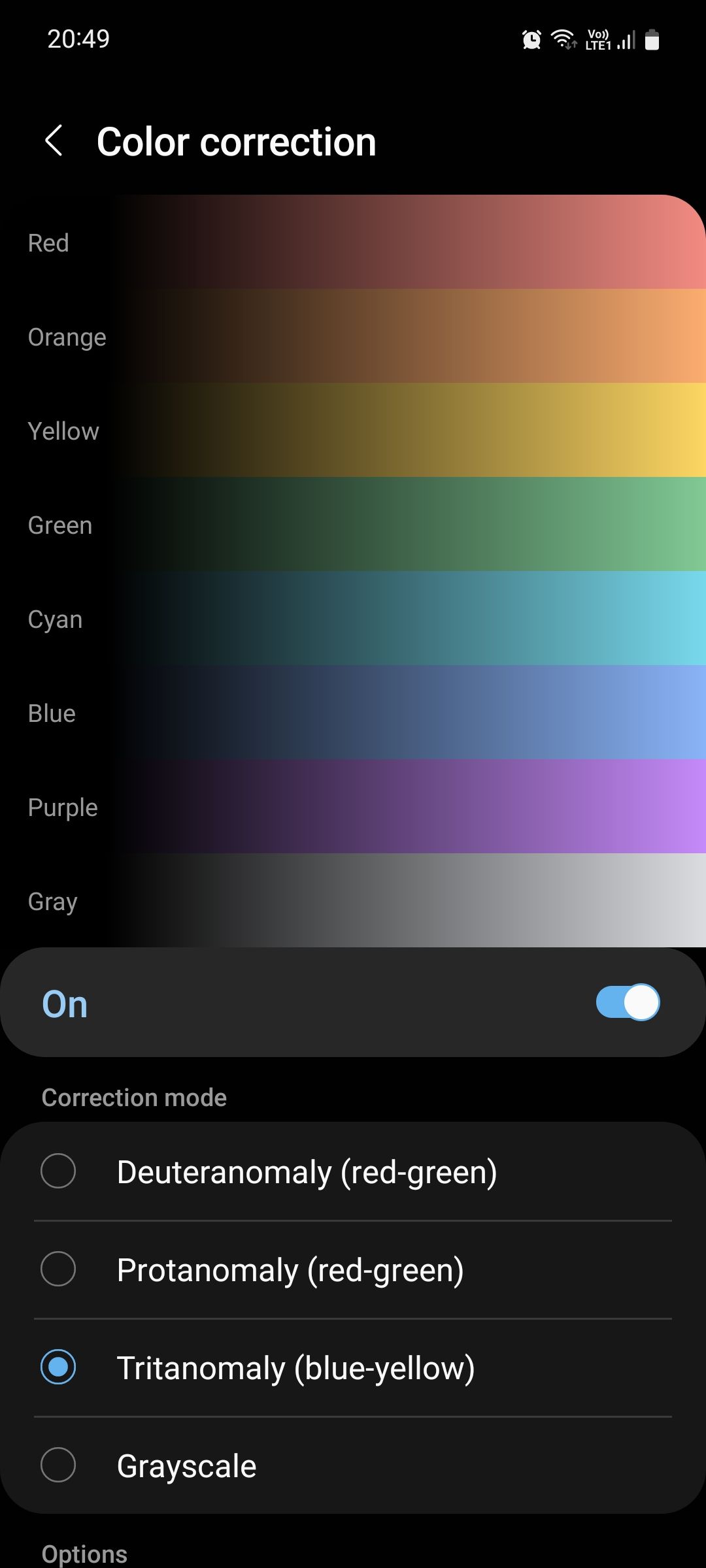 Samsung Accessibility Color correction menu