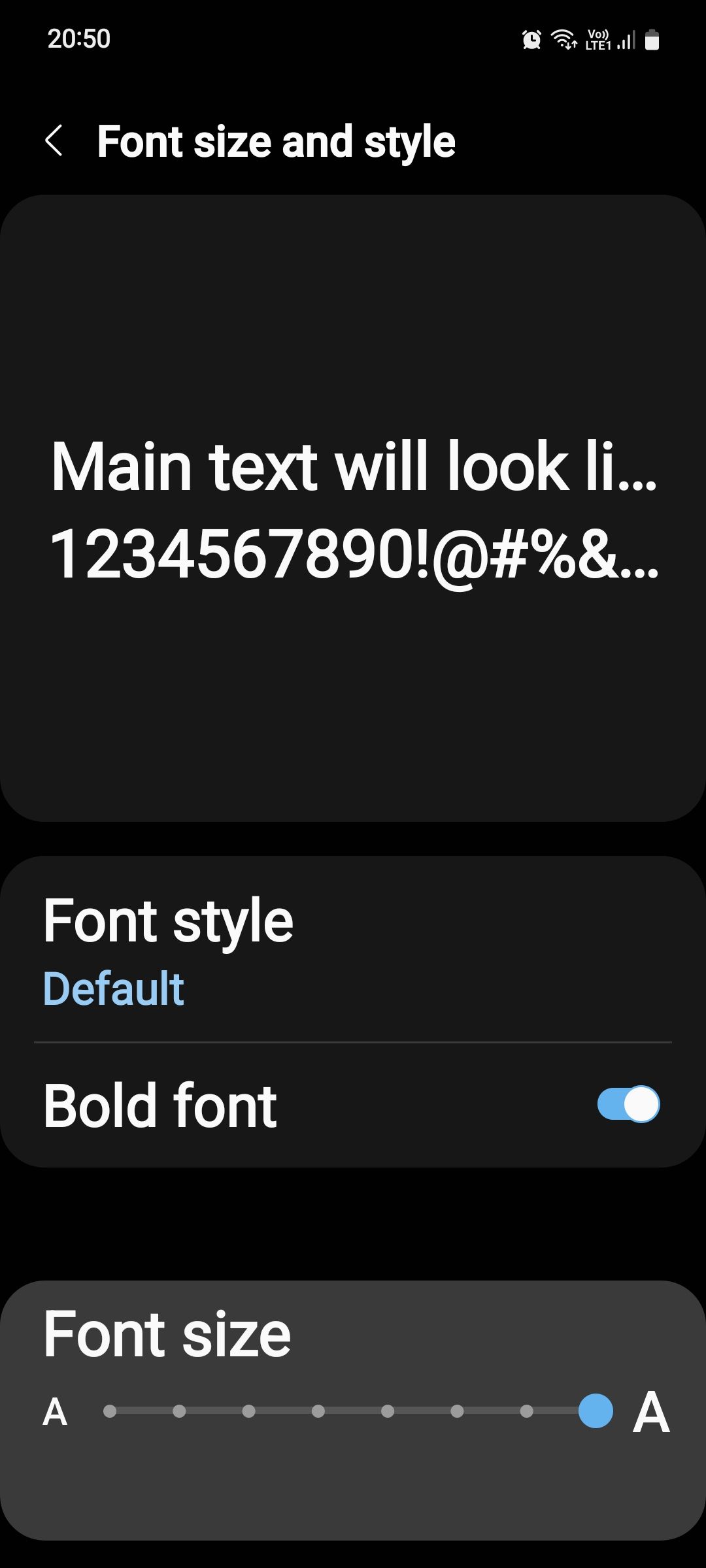 Samsung Accessibility Font size and style menu