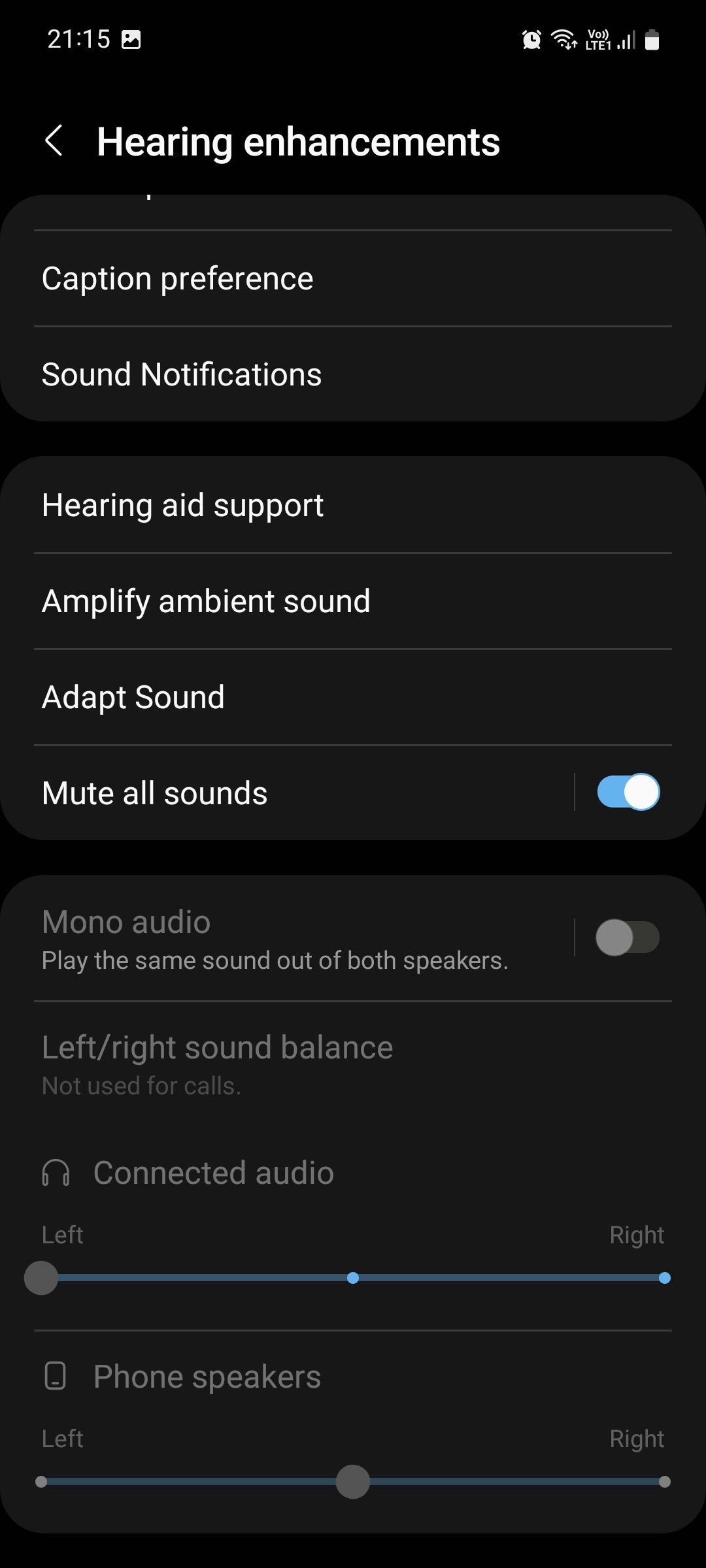 Samsung Accessibility Hearing enhancements Mute all sounds