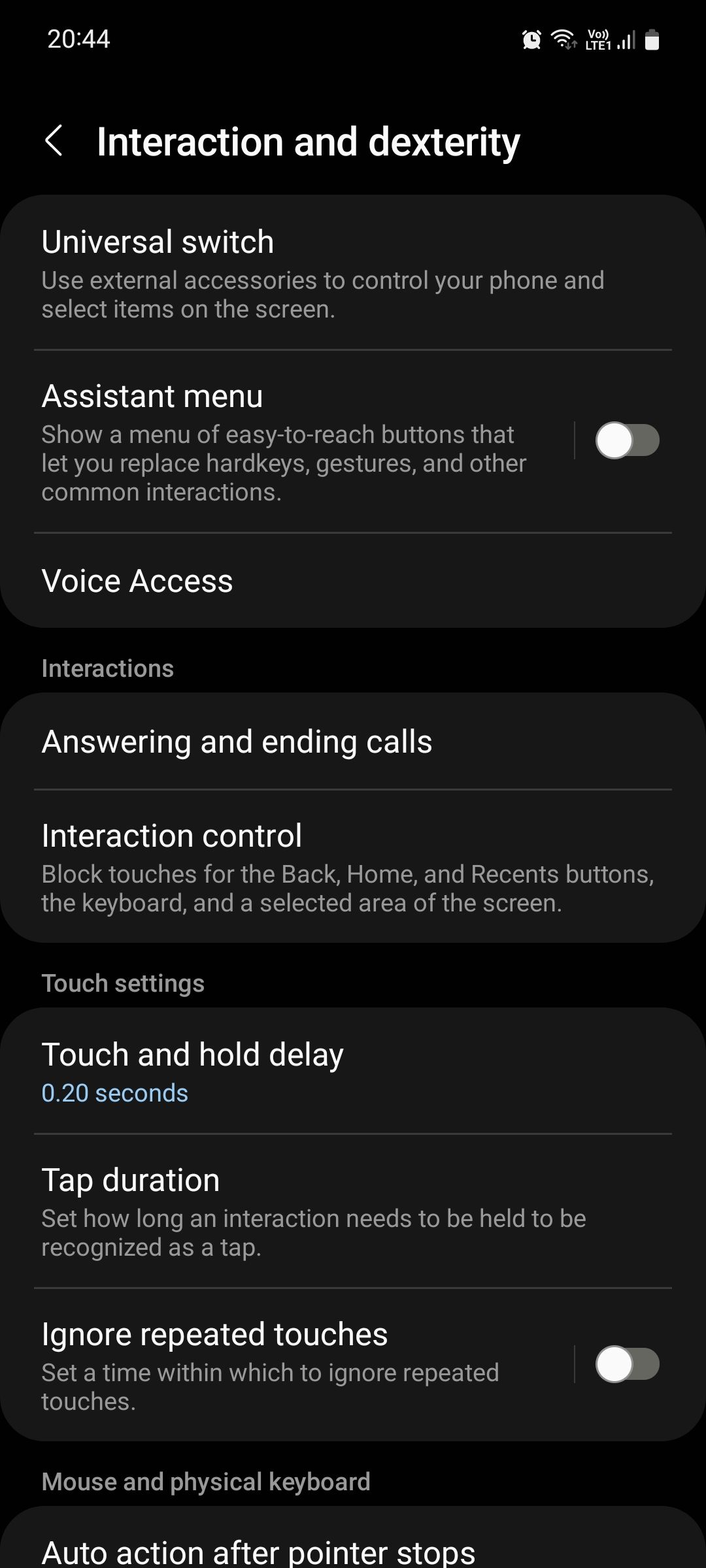 Samsung Accessibility Interaction and dexterity menu