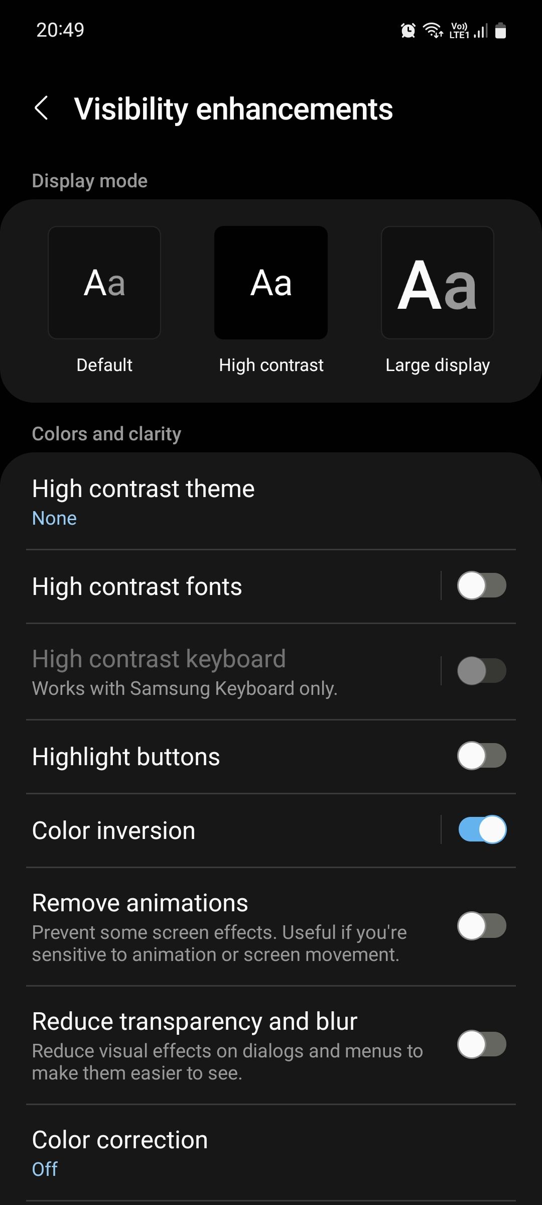 Samsung Accessibility Visibility enhancements menu