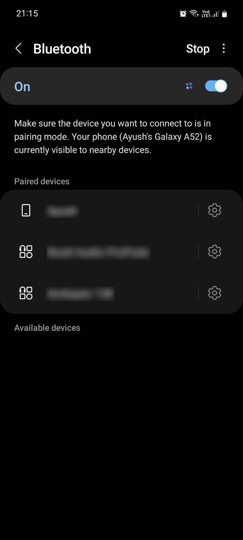 Samsung Connections Bluetooth menu