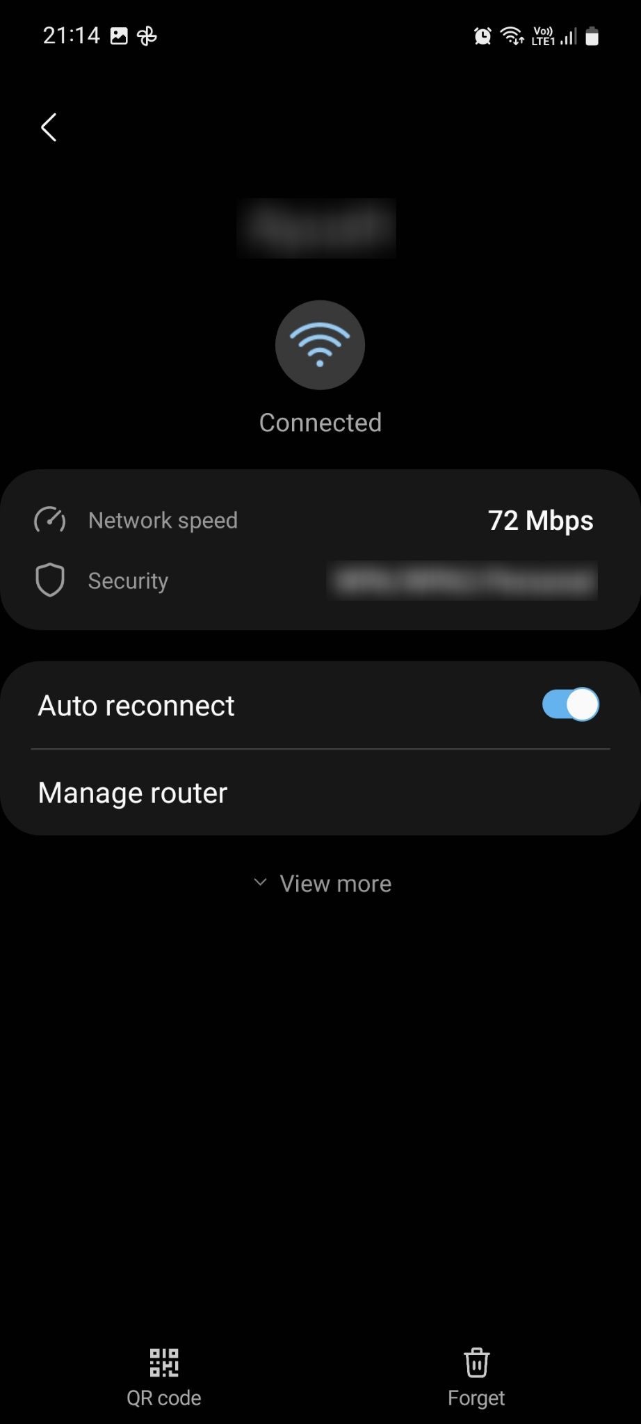 Samsung Connections current Wi-Fi network page