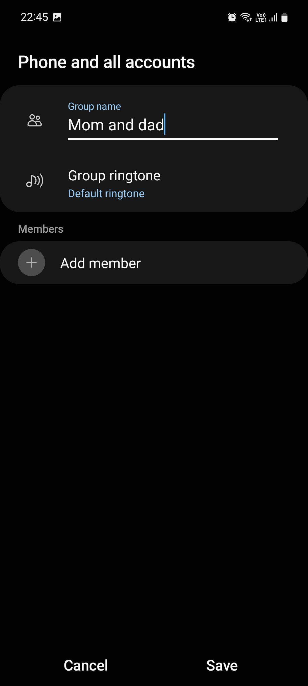 Samsung Contacts app add group name