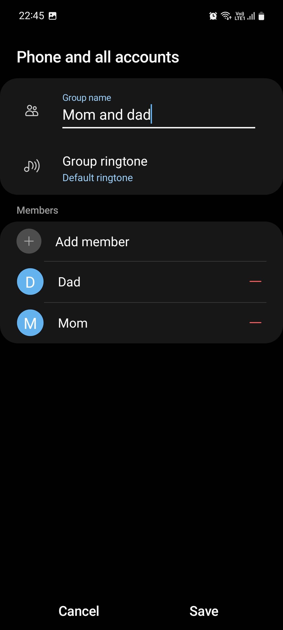 Samsung Contacts app save new group