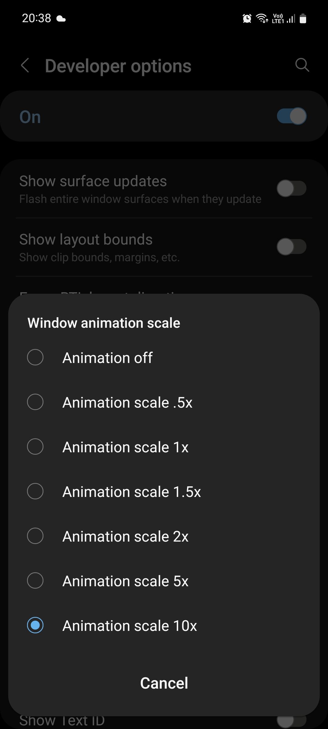 Samsung Developer options window animation scale
