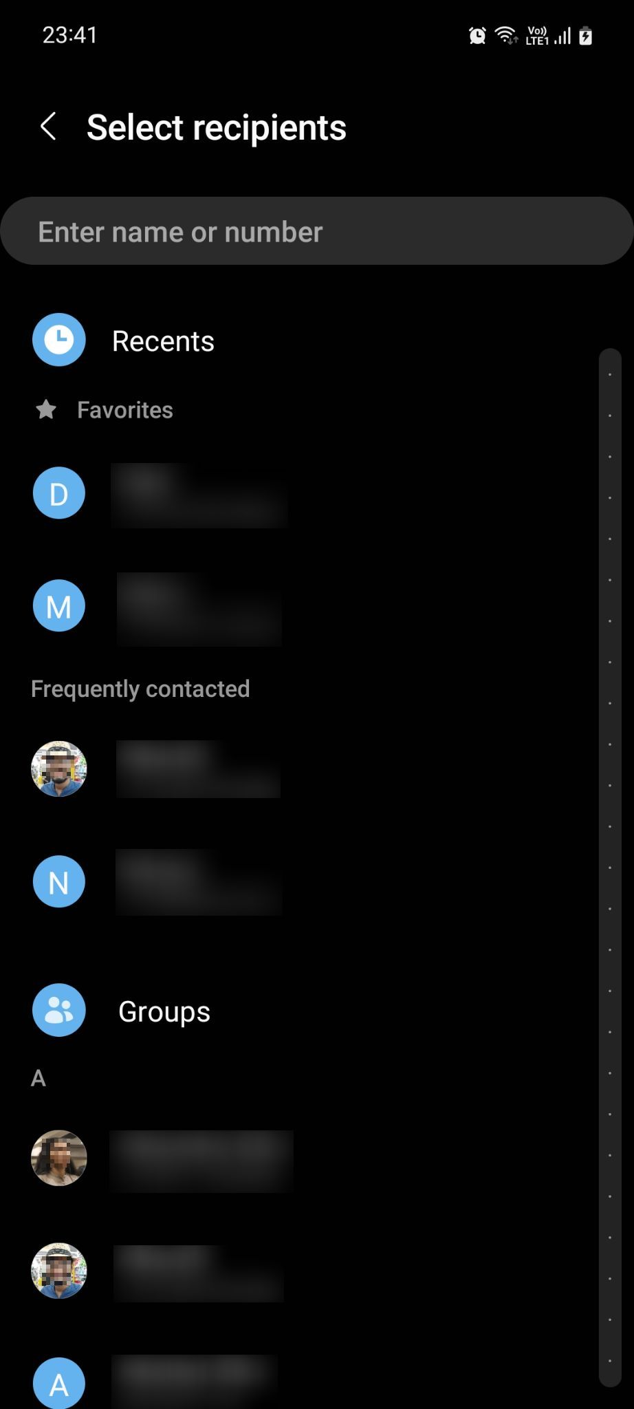 Samsung Messages select recipients menu for group text