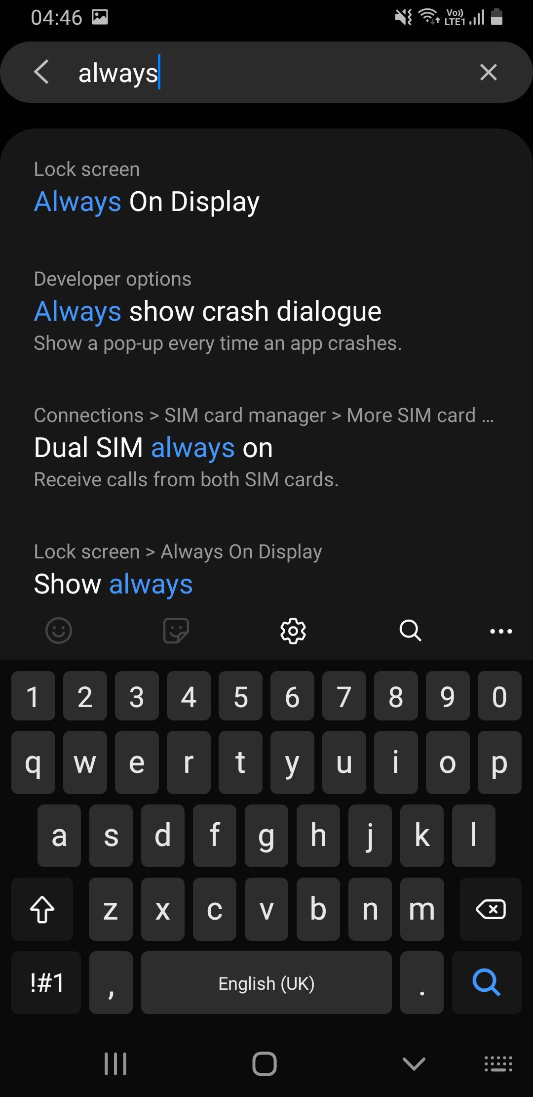 Screenshot of Samsung settings
