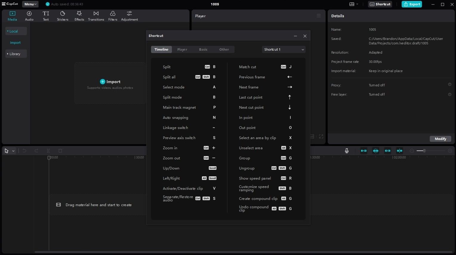 CapCut for PC Hotkeys