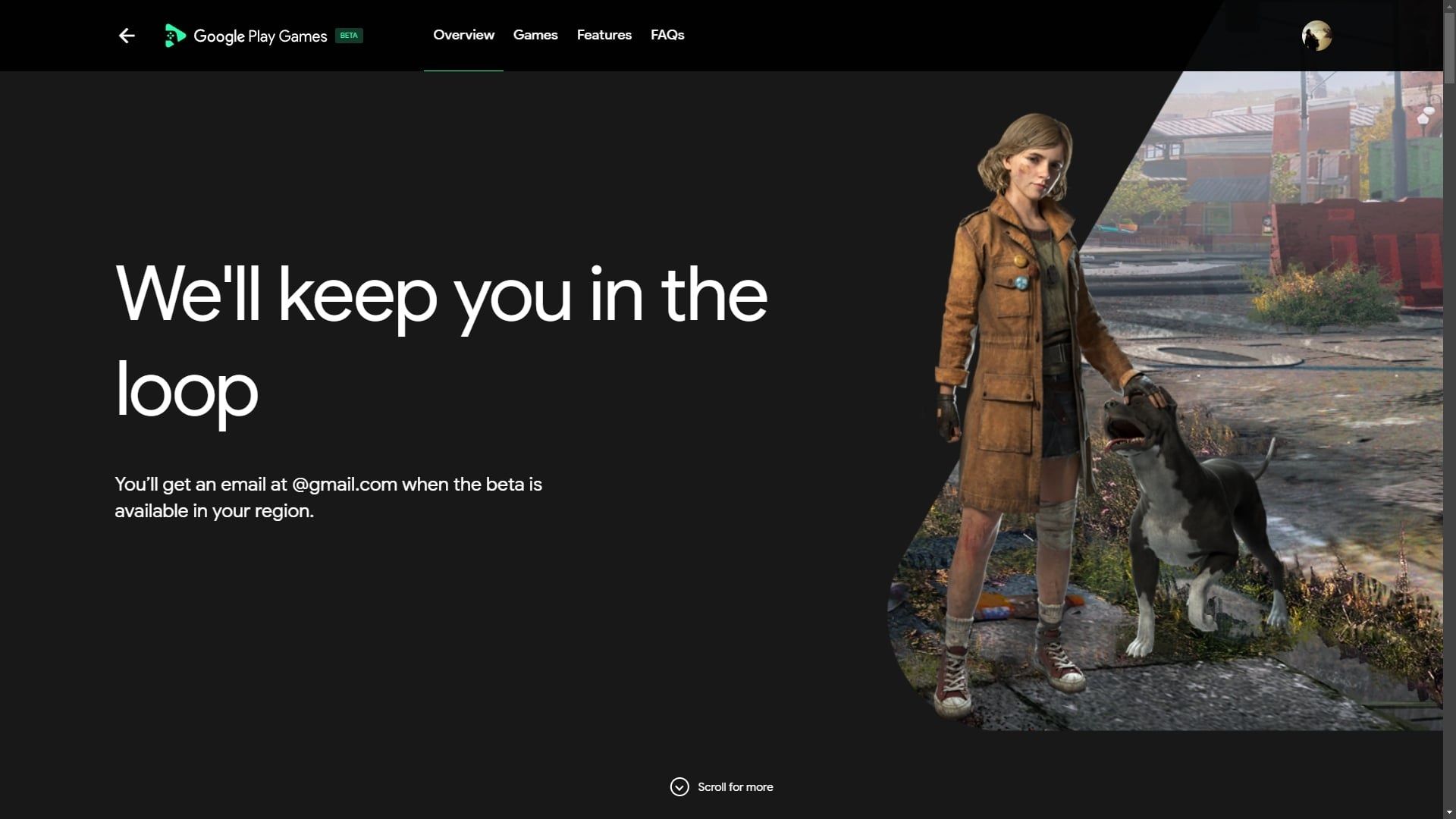Google Play Games site home page with girl petting dog