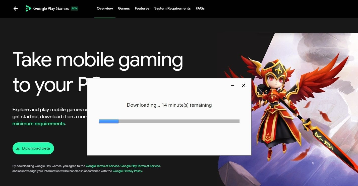 Download update window for Google Play Games