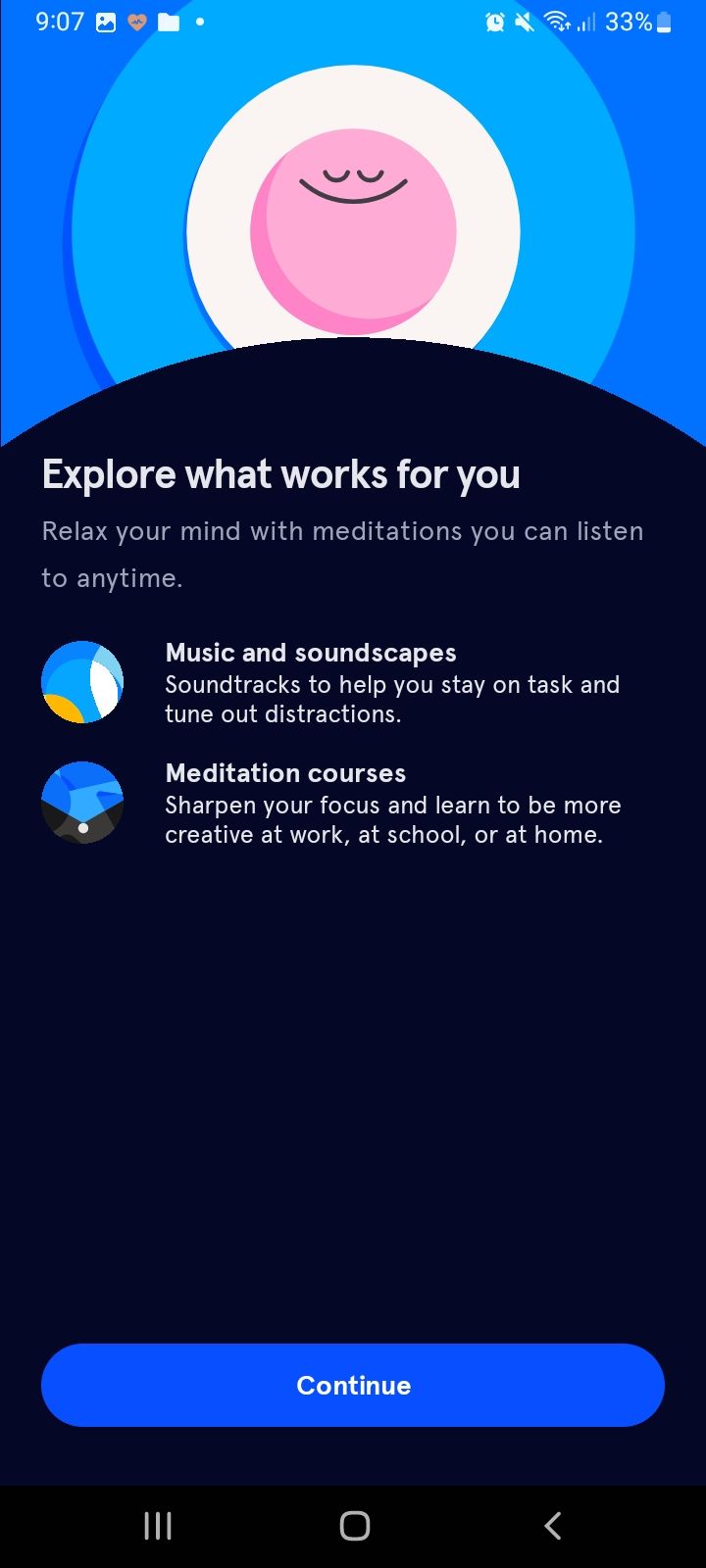 Screenshot Headspace app Explore options