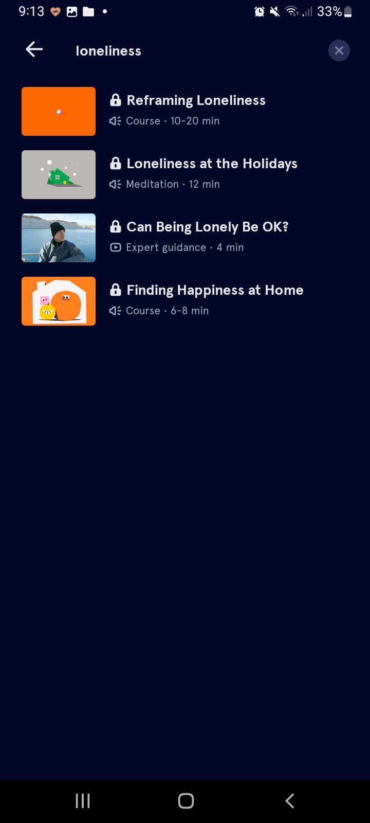 Screenshot Headspace app loneliness topics