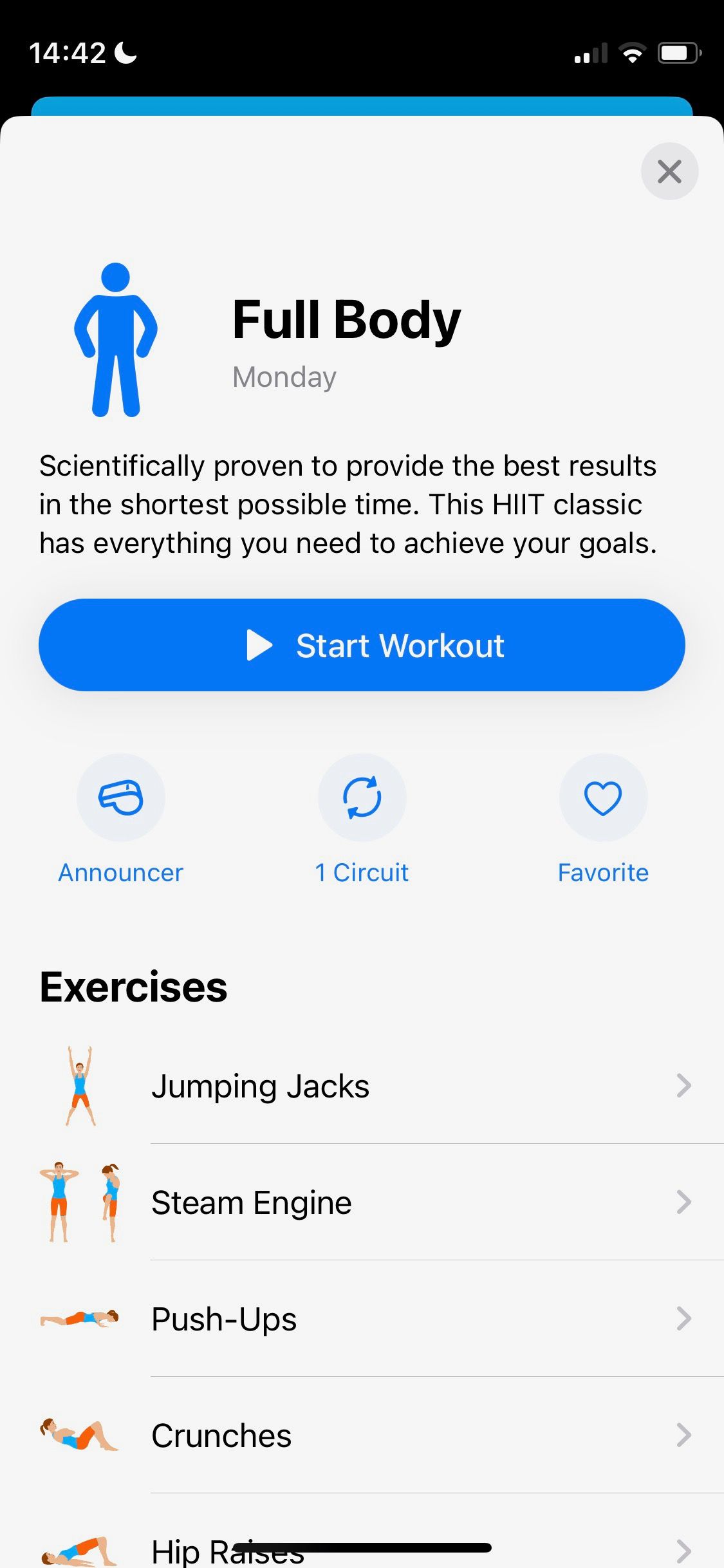 Screenshot of 7 App showing Full Body workout exercise screen