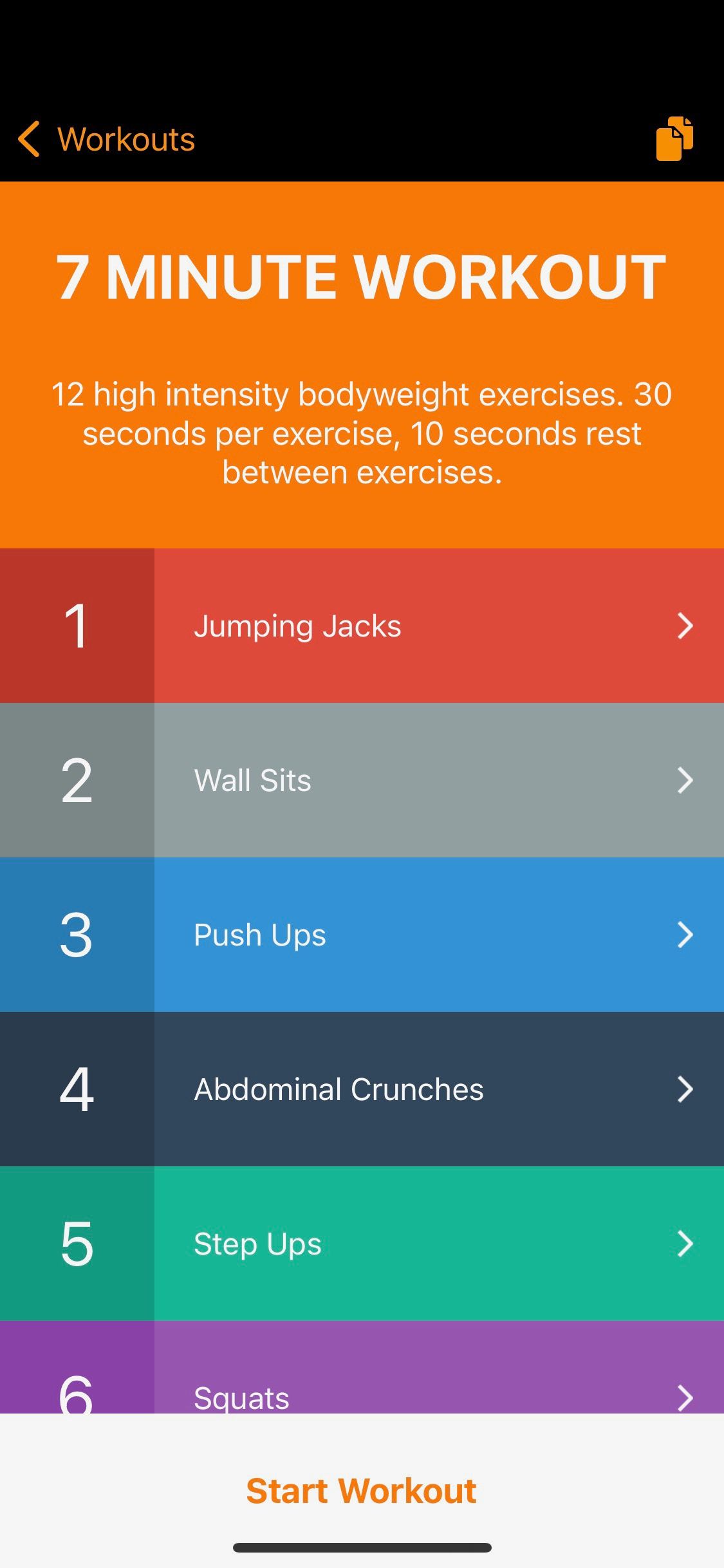 Screenshot of 7 Minute Workout app showing exercises within a workout