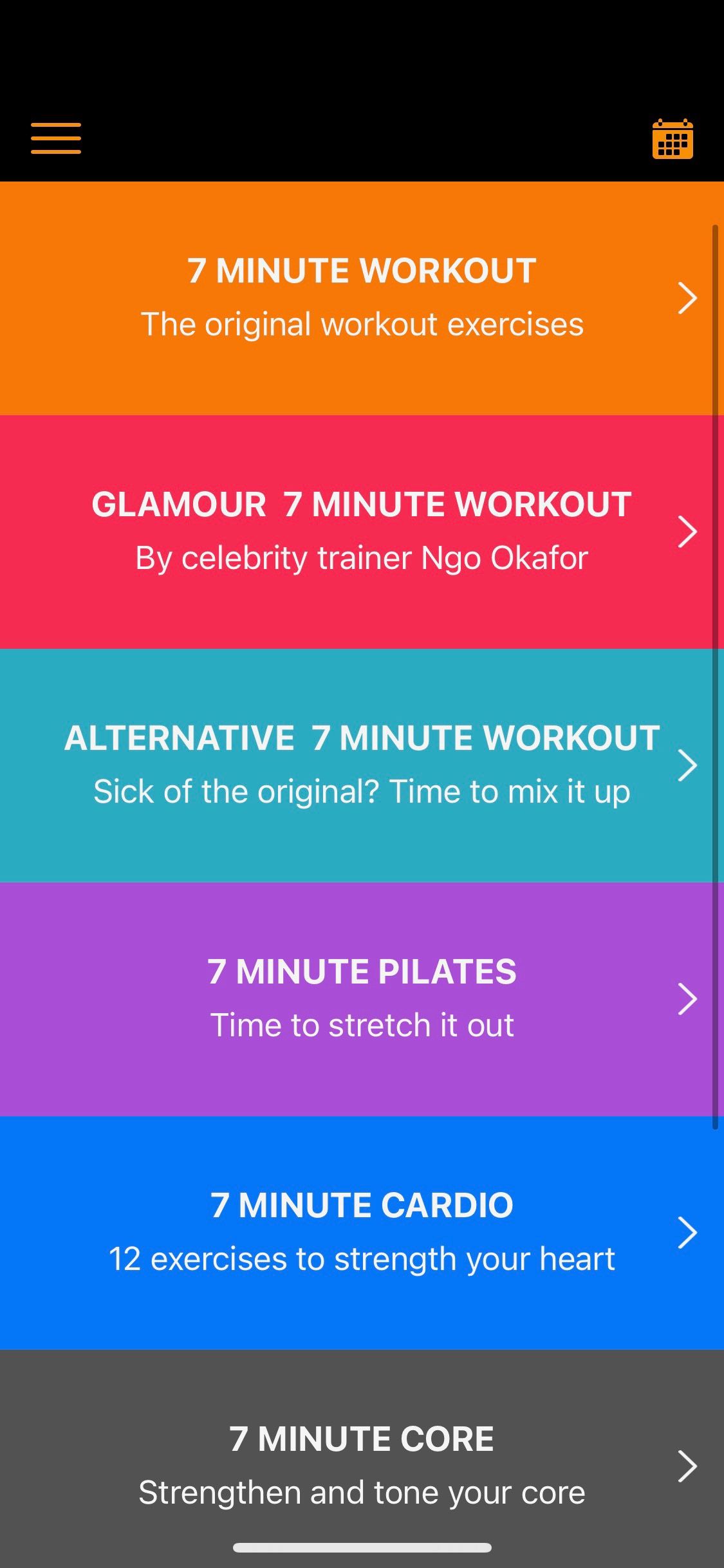 Screenshot of 7 Minute Workout app showing types of workouts