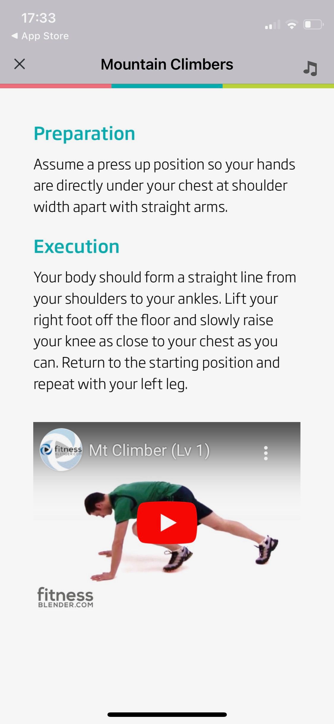 Screenshot of 7 min workout by C25K showing exercise instruction screen