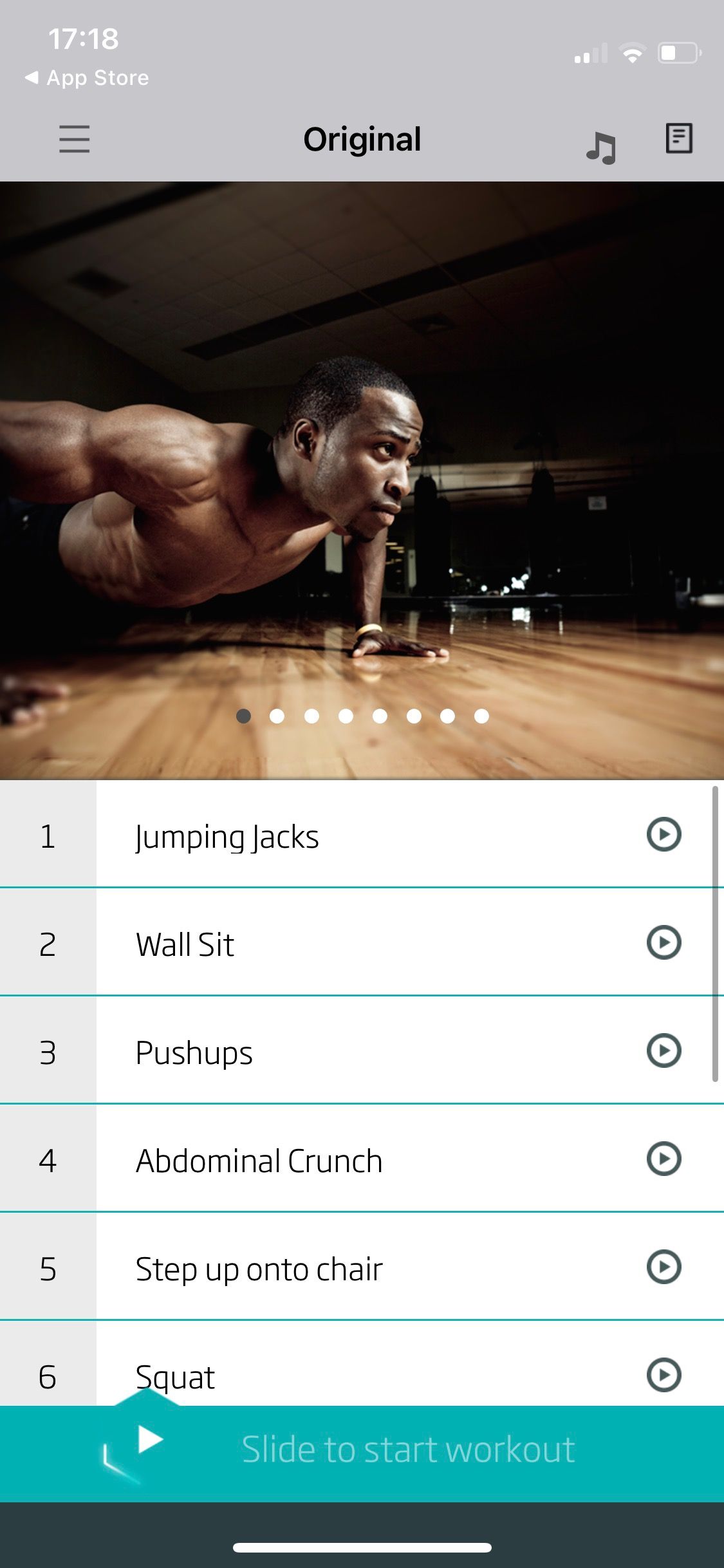 Screenshot of 7 min workout by C25K showing original workout program