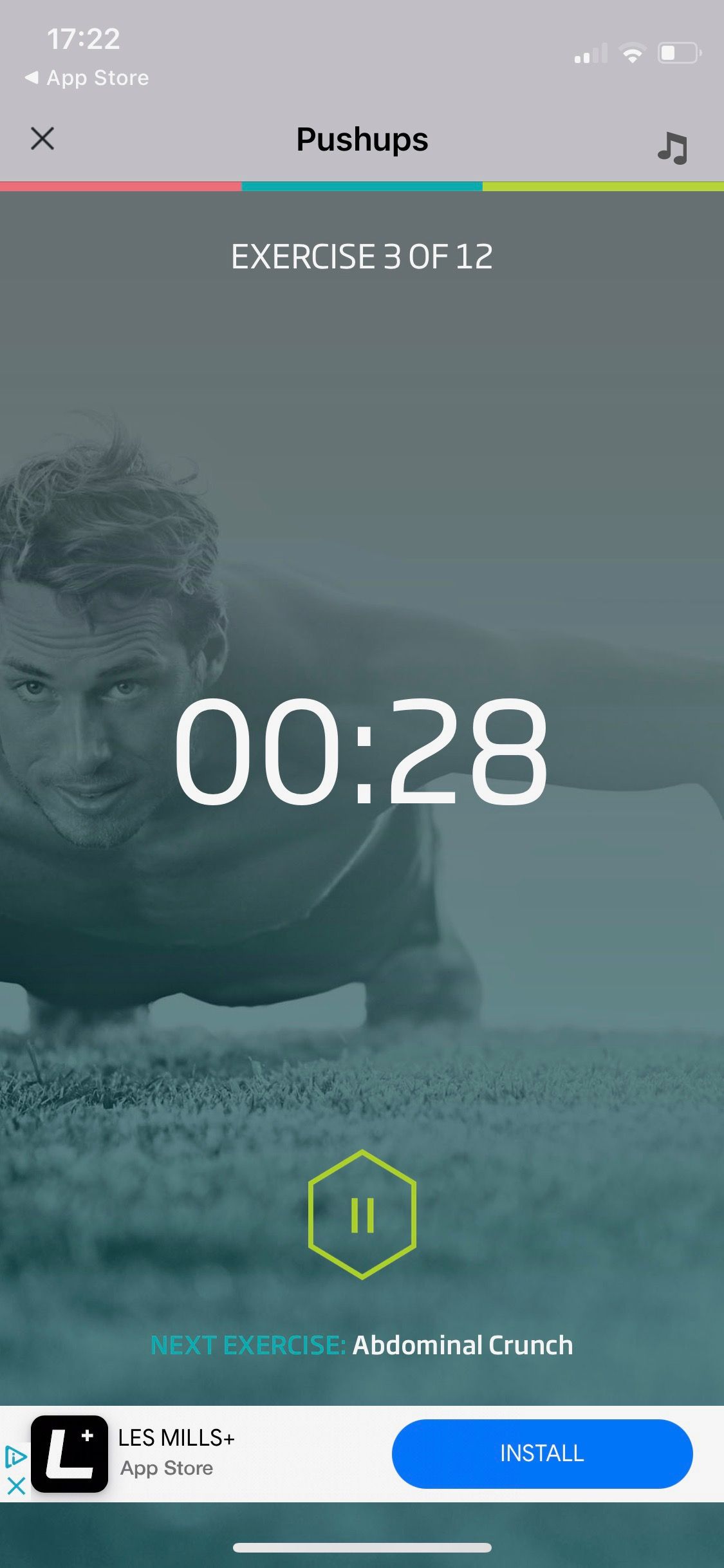 Screenshot of 7 min workout by C25K showing workout screen