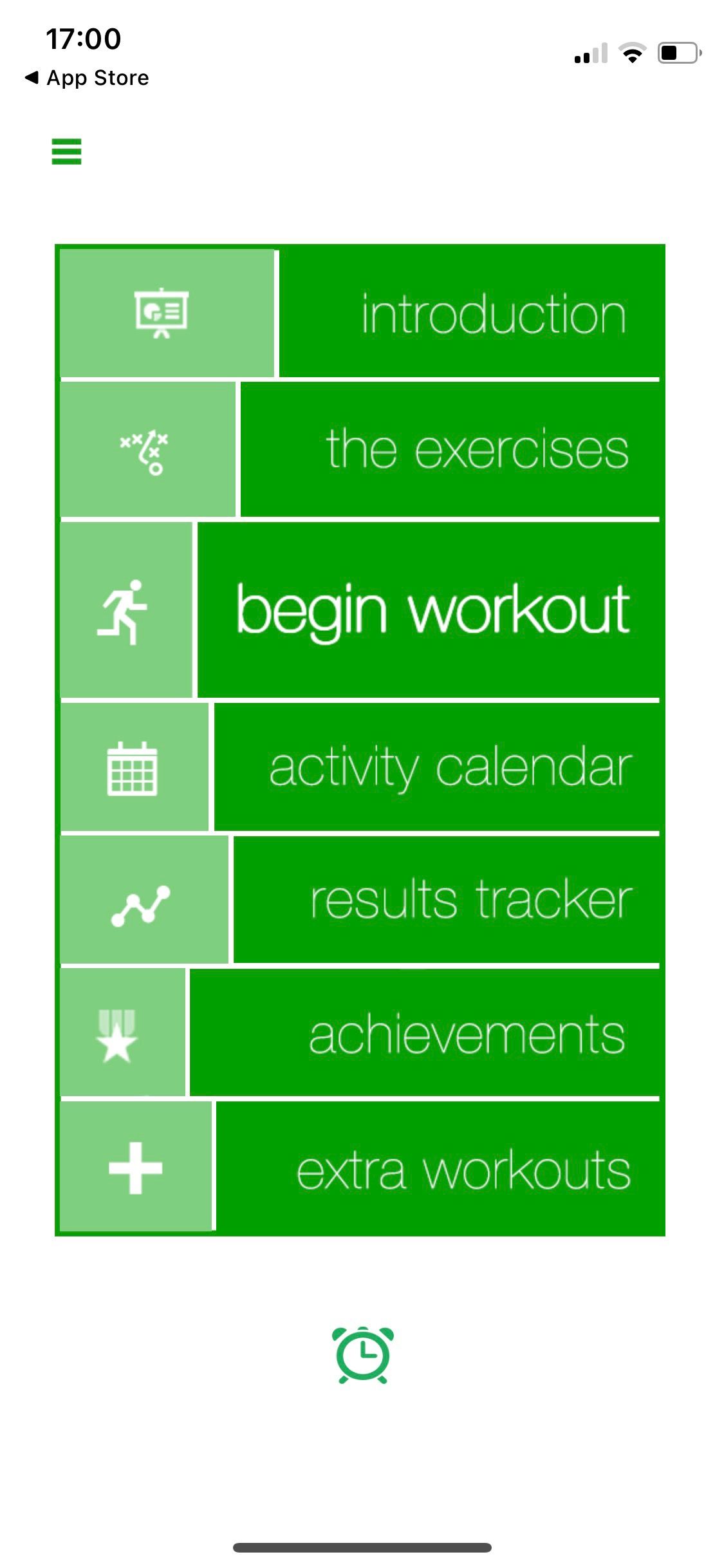 Screenshot of 7 minute app challenge showing main menu screen