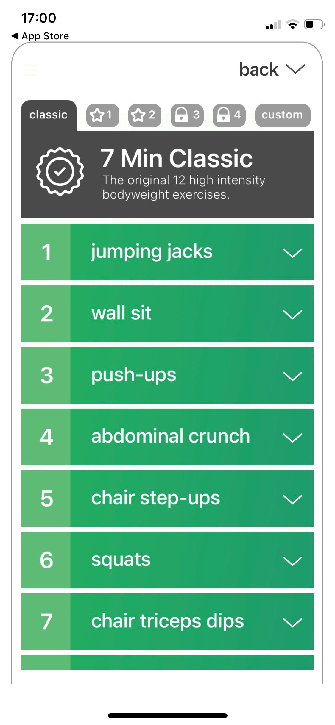 Screenshot of 7 minute app challenge showing the classsic workout program