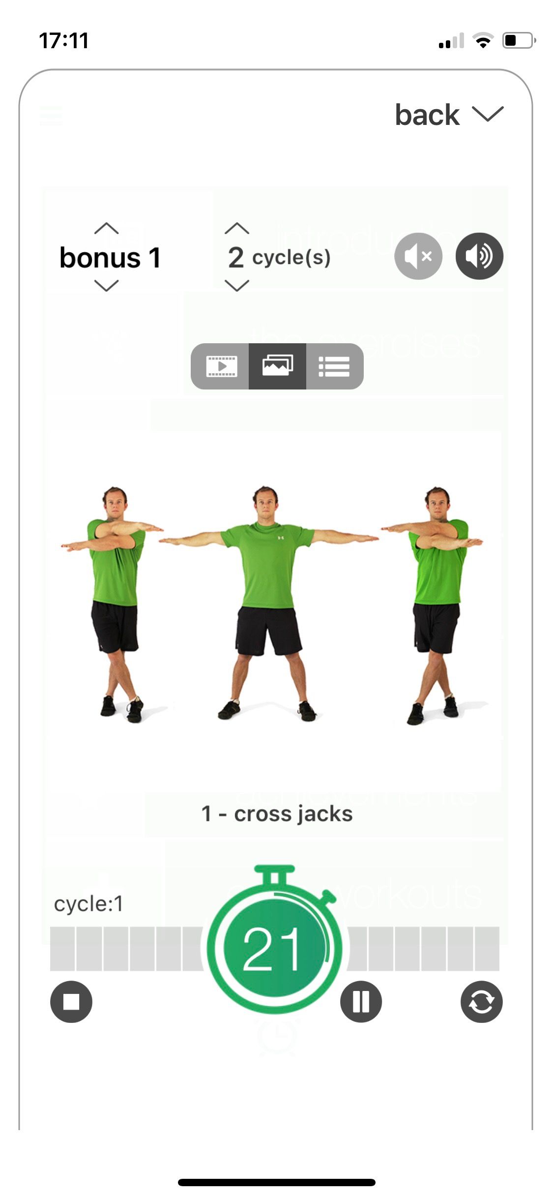 Screenshot of 7 minute app challenge showing workout screen