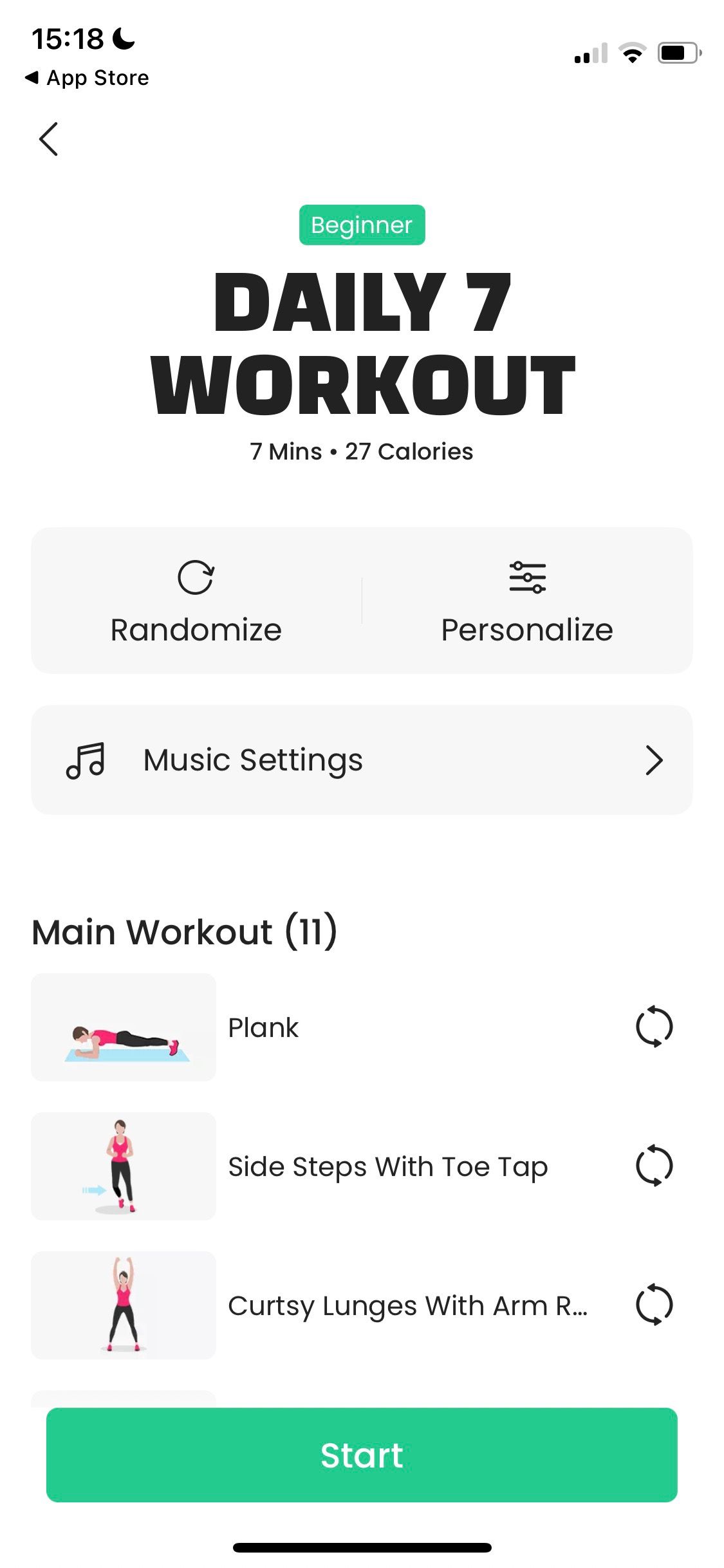 Screenshot of 7M Workout app showing a daily workout program