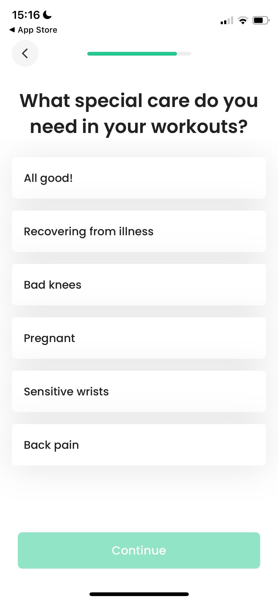 Screenshot of 7M Workout app showing special care questions before exercise