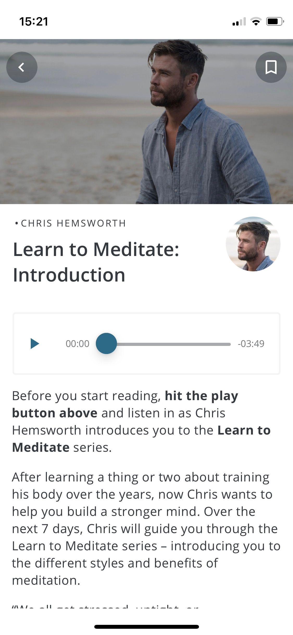 Screenshot of Centr app showing Chris Hemsworth meditation program
