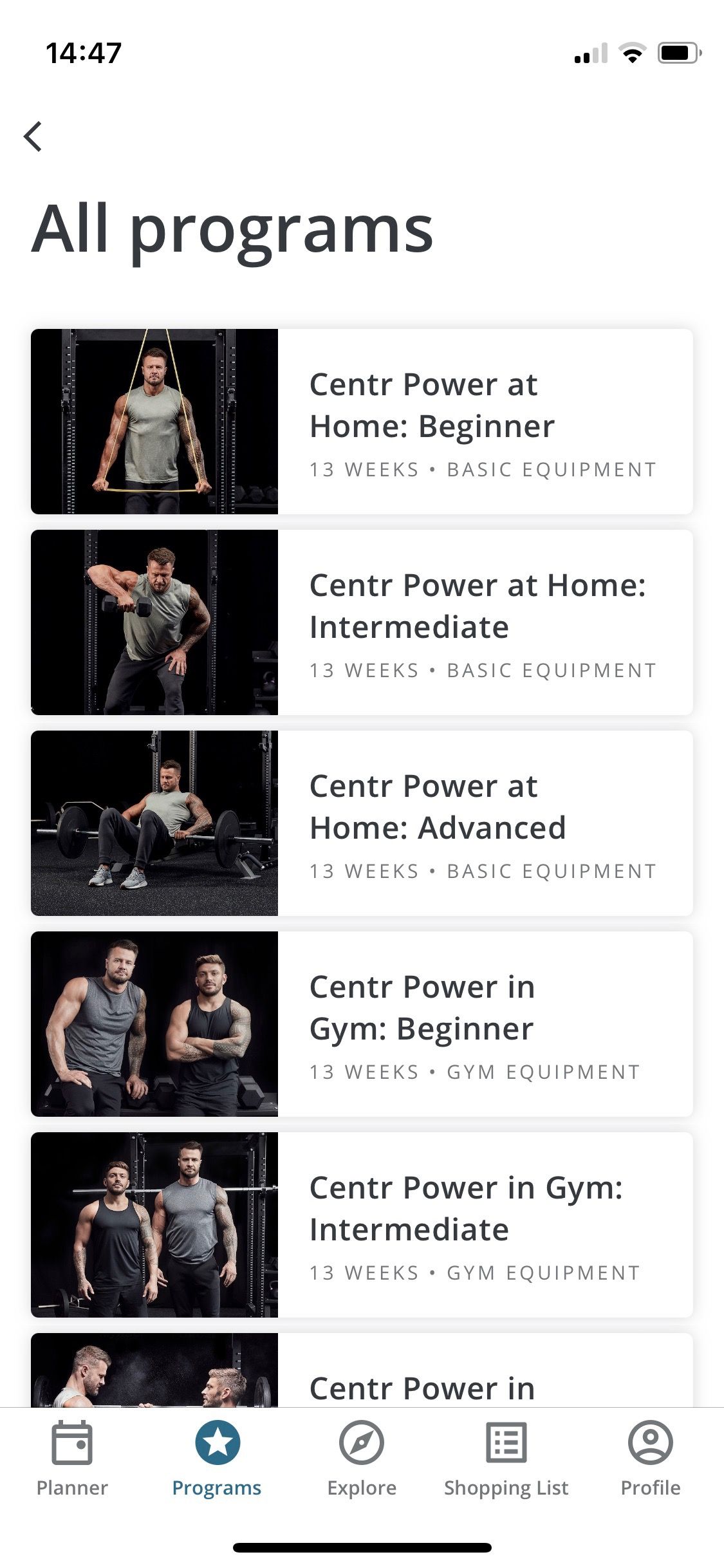 Screenshot of Centr app showing all programs