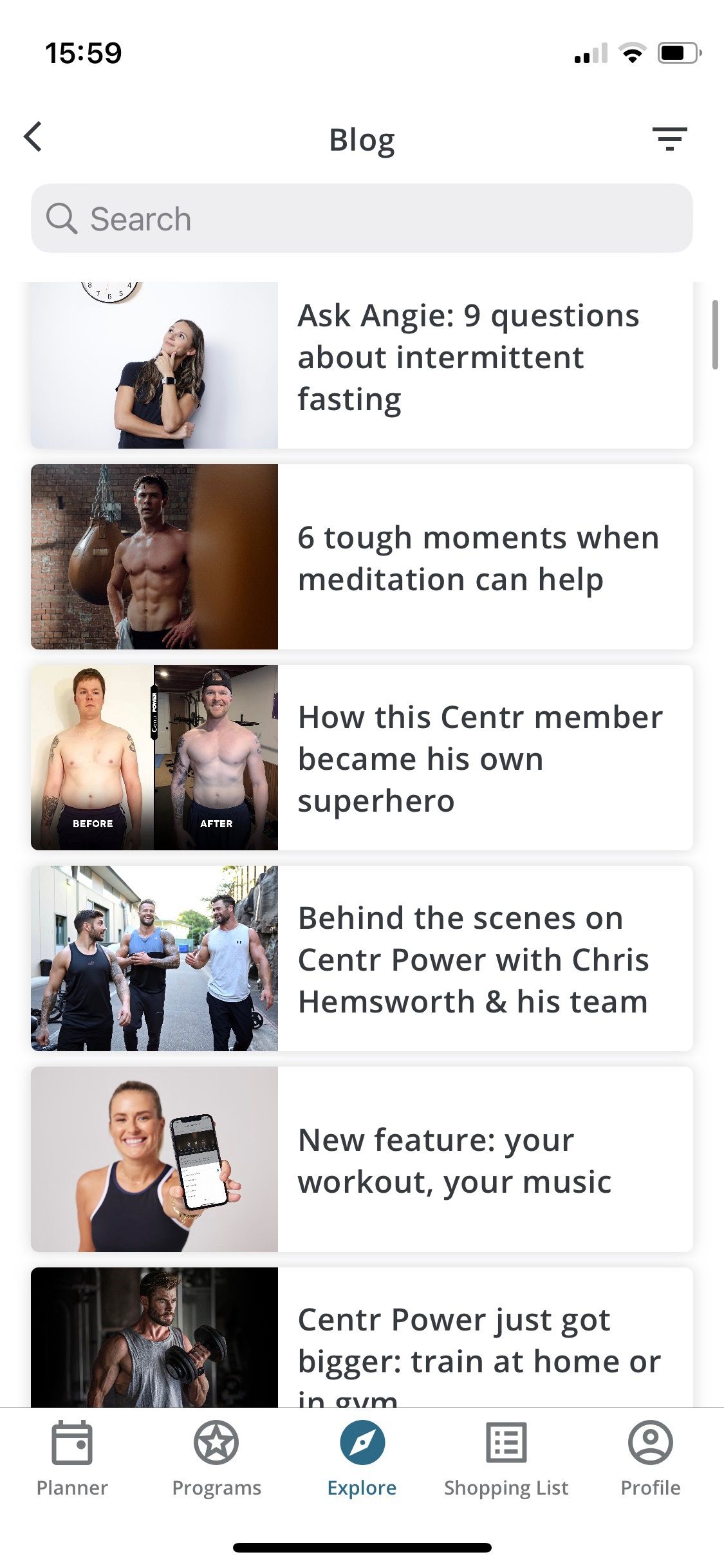 Screenshot of Centr app showing blog menu